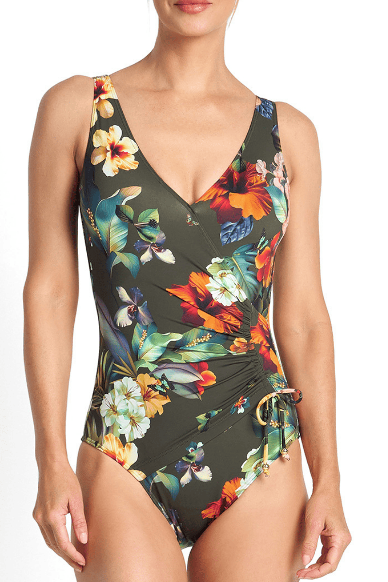 Jantzen Hibiscus Gathered Surplice One Piece Forest.