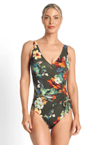 Jantzen Hibiscus Gathered Surplice One Piece Forest.