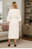 Back view of long midi to mid thigh Cream Silk Dress Loose