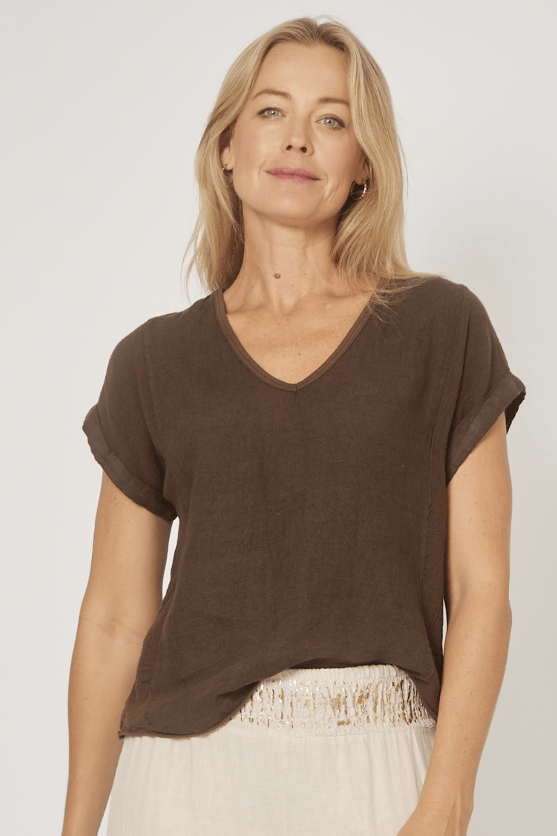 La-Strada-Italian-Linen-V-Neck-Shirt-Chocolate-OZRESORT