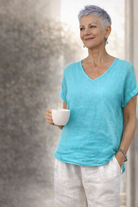 La-Strada-Italian-Linen-V-Neck-Shirt-Turquoise-OZRESORT