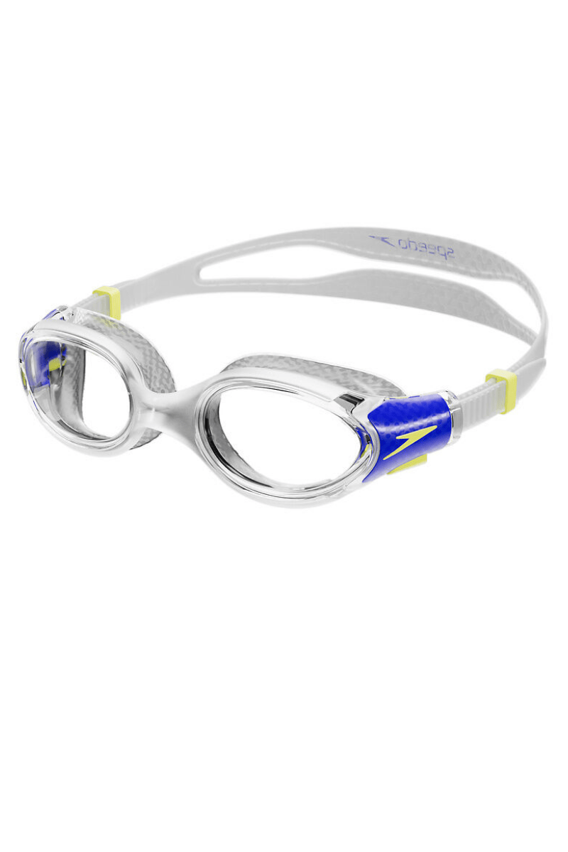 Swimming goggles with blue and yellow accents on a white background
