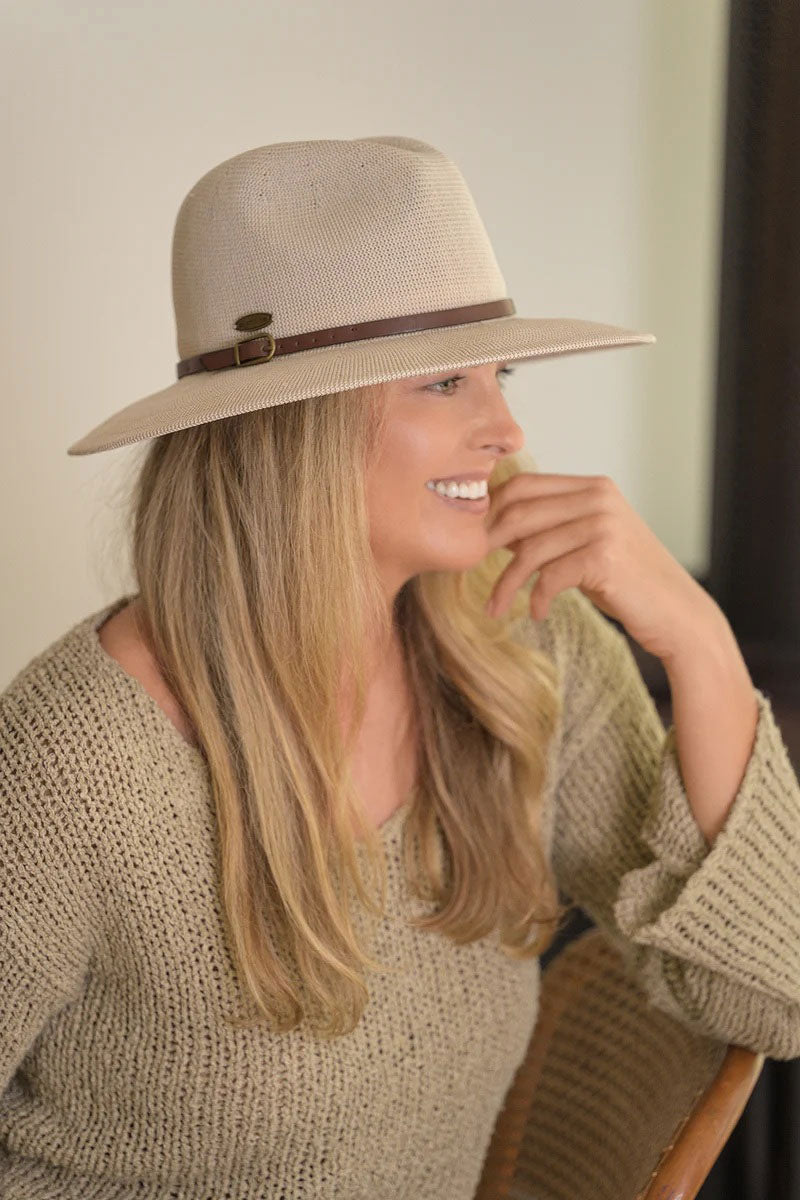 Sundaise SH834 Hat - Sutton Panama Taupe with brown belt_1
