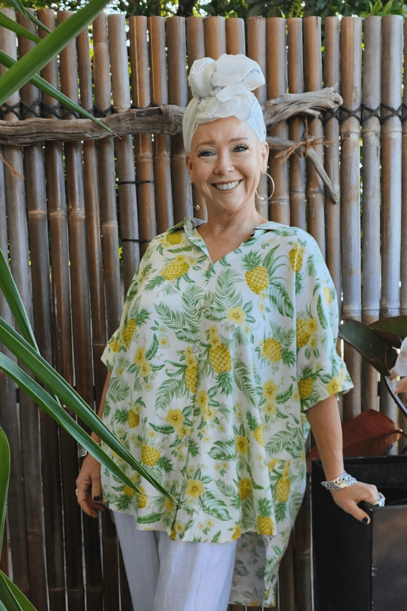 Iris Maxi Pina Colada Pineapple Hibiscus Short Summer Blouse.