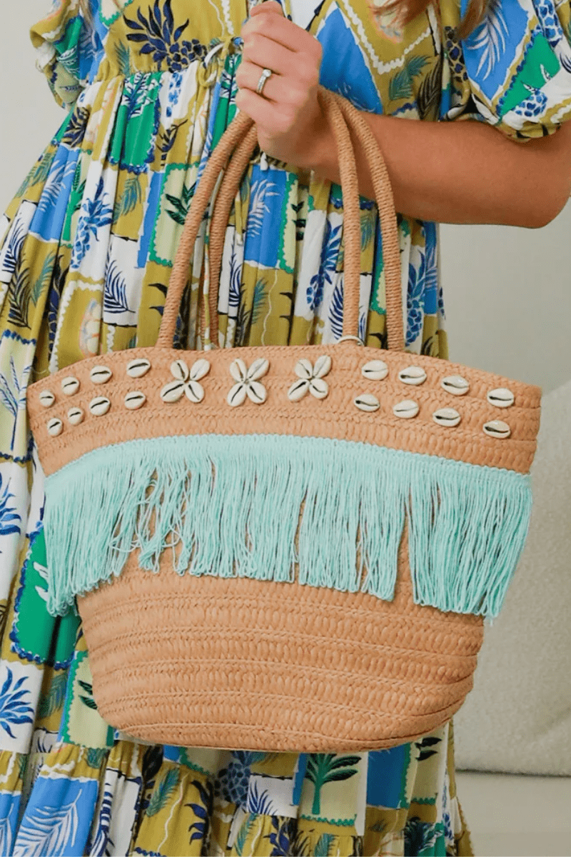 Isabella Boho Aqua Fringe Shell Straw Beach Bag.