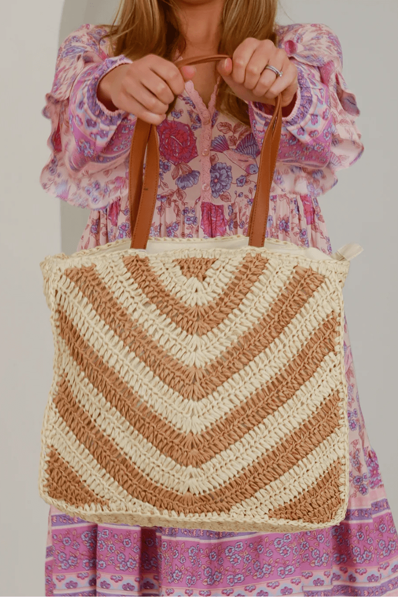 Isabella Boho Waves Straw Natural Beach Bag.