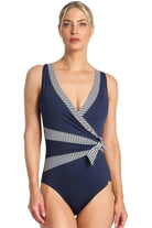 Jantzen Anchor Stripe Sash Surplice One Piece - Navy.