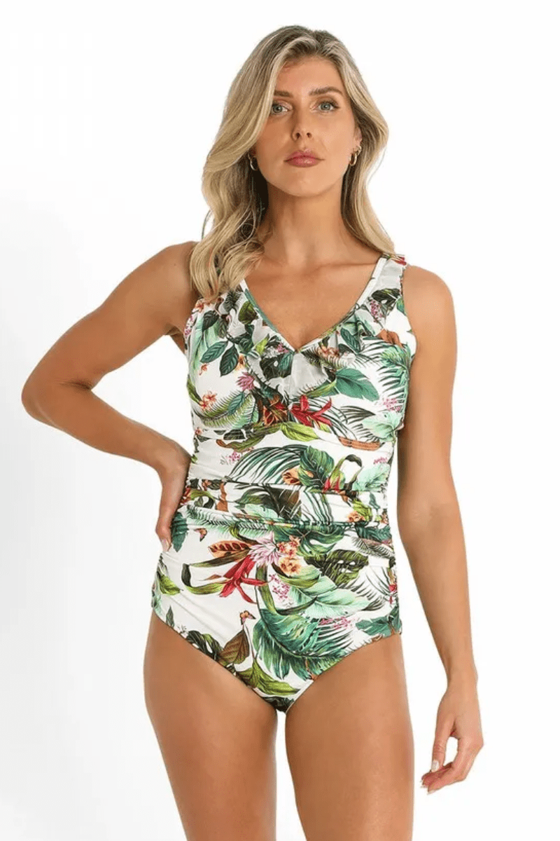 Jantzen Meka DDE Ruched Mesh Frill One Piece White.