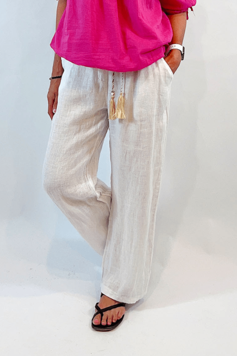 La Strada  Italian Linen Wide Leg White Pants.