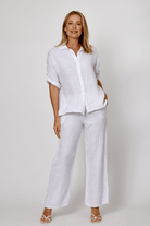 La Strada Linen White Pin Stripe Navy Wide Leg Pant.