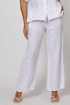 La Strada Linen White Pin Stripe Navy Wide Leg Pant.