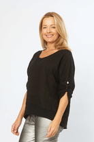 La Strada Linen Mesh Black Round Neck Top.