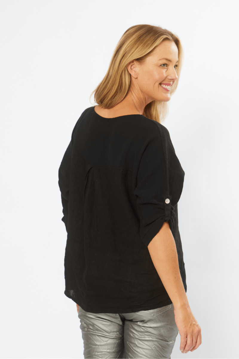La Strada Linen Mesh Black Round Neck Top.