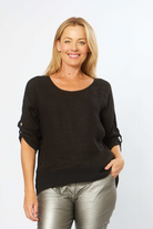 La Strada Linen Mesh Black Round Neck Top.