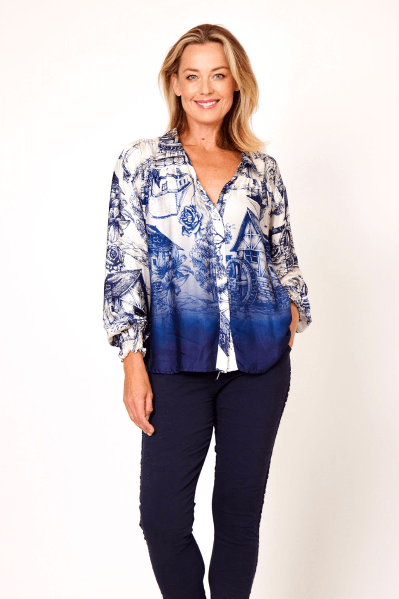 La Strada 100% Viscose Country Cottage Print  Navy Cream Shirt.