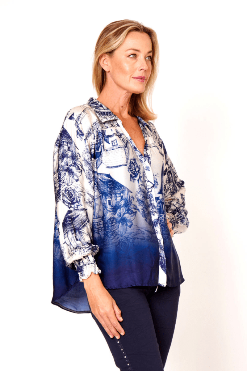 La Strada 100% Viscose Country Cottage Print  Navy Cream Shirt.