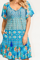 Lorne Shirred Dress Ocean Cotton Aqua - ON Sale.