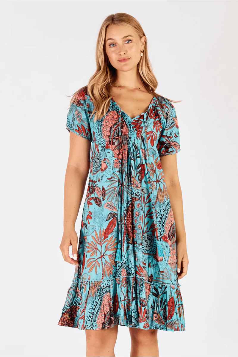 Lula Life Gina Shirred Printed Lagoon Dress.