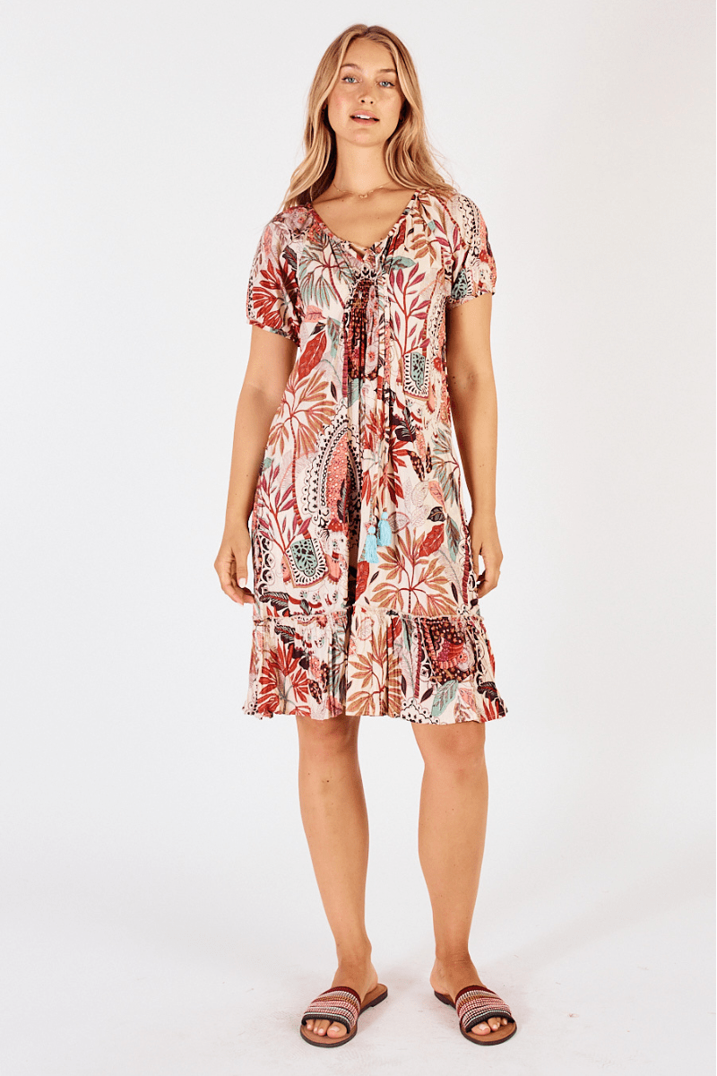 Lula Life Gina Shirred Printed Lagoon Dress White.