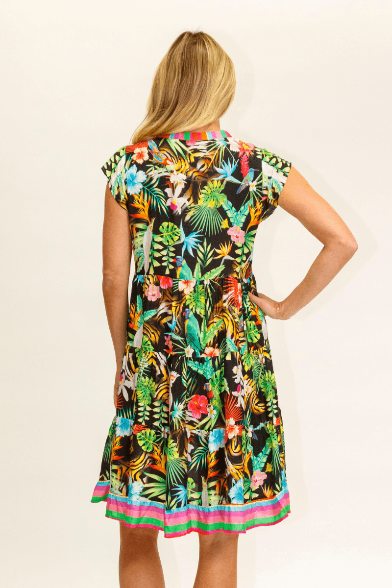 Lula Life Bagara Tiered Dress Black Tropical.