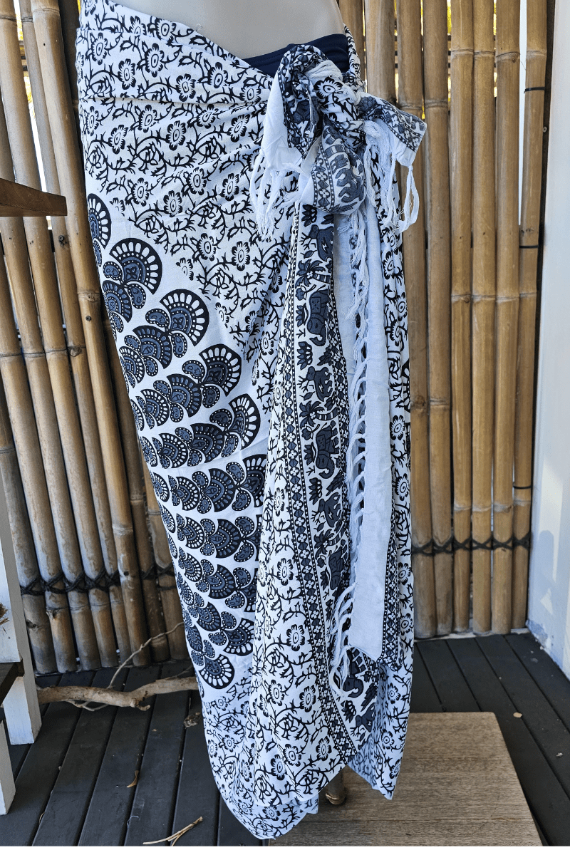 Rayon Sarong Wrap Elephant Patterned Fringed Sarong Tan/Black.
