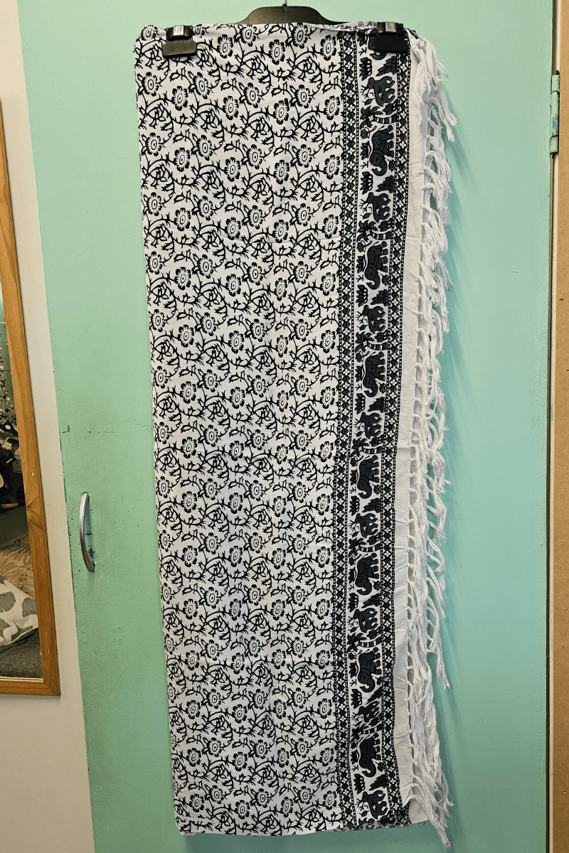Rayon Sarong Wrap Elephant Patterned Fringed Sarong Tan/Black.