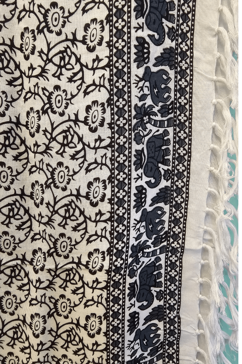 Rayon Sarong Wrap Elephant Patterned Fringed Sarong Tan/Black.