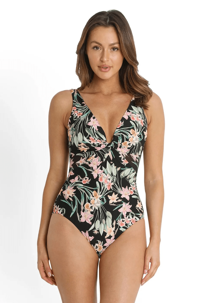 Sunseeker Camellia Gathered Twist Front One Piece - Black.