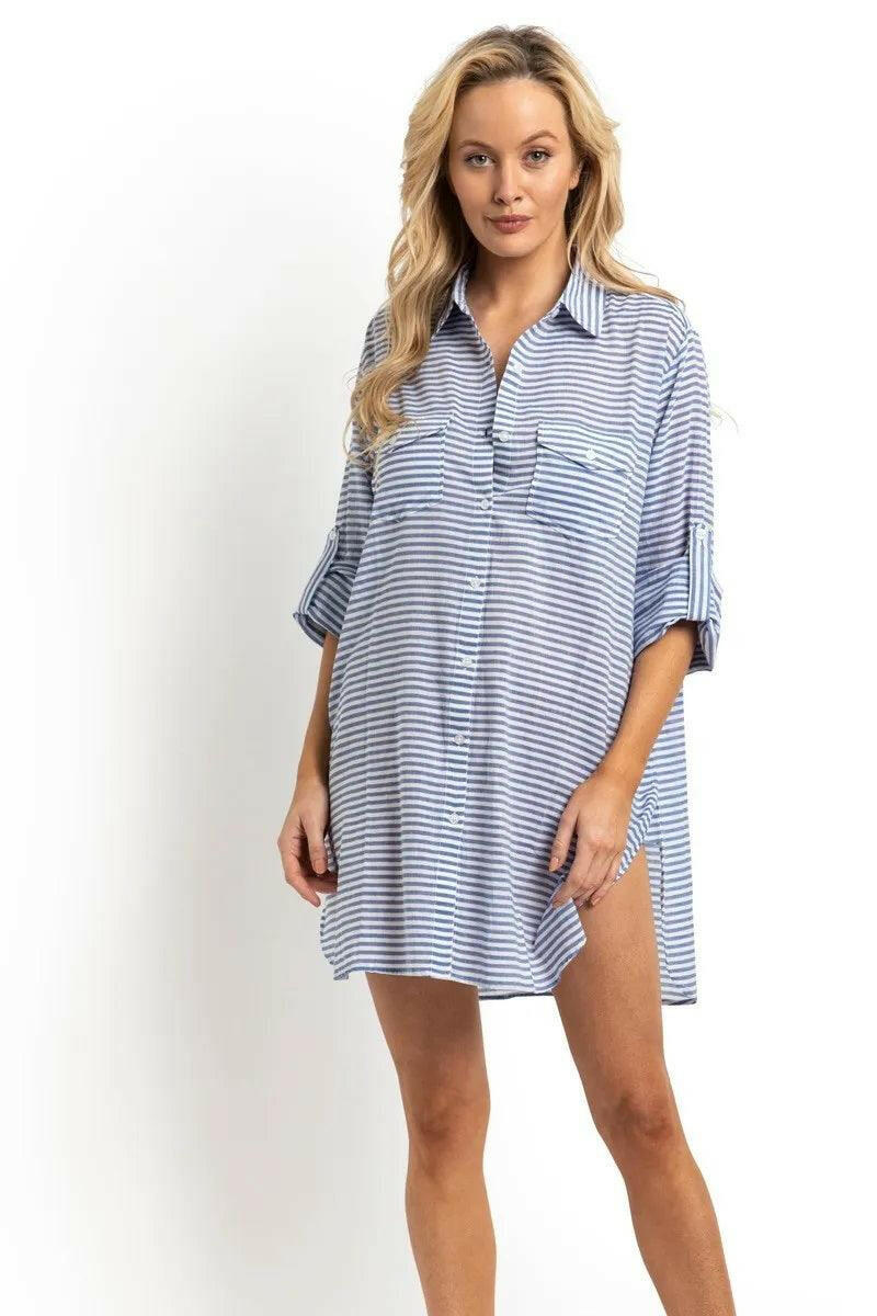 Sunseeker Summer Stripe Button Through Shirt Blue.