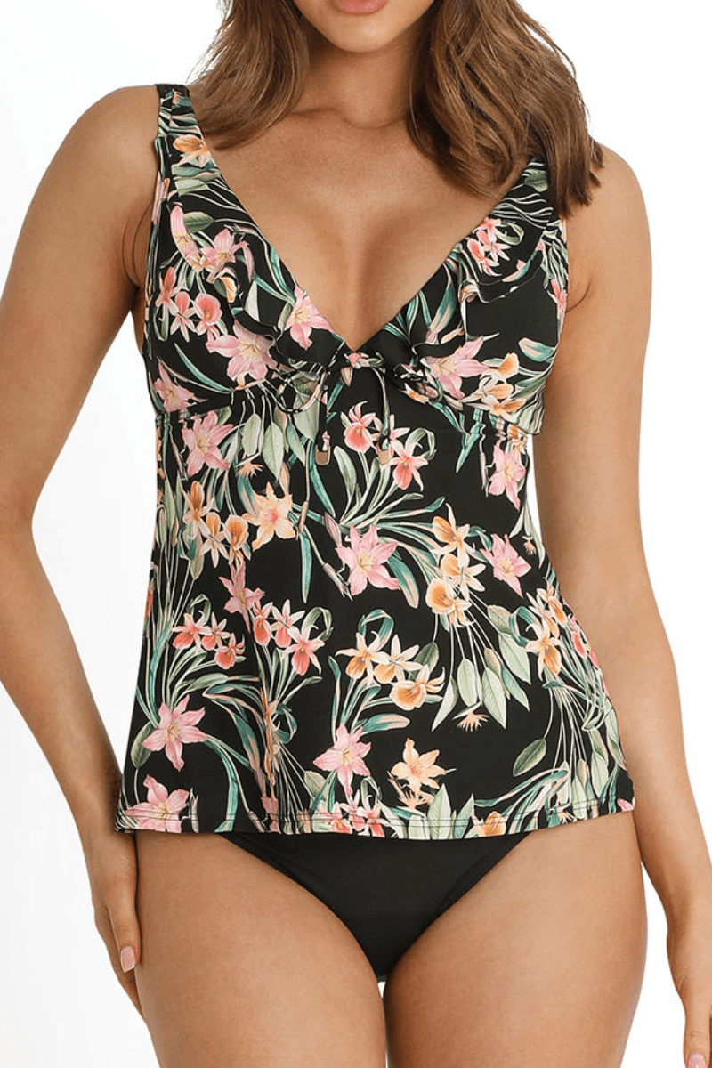 Sunseeker Camellia Frill A-Line Singlet Black.