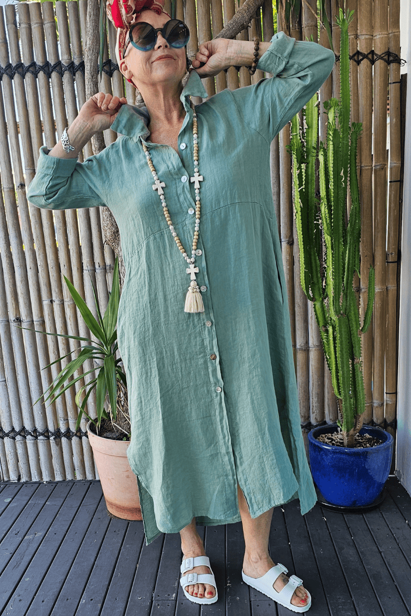 Vera May Italian Linen Button Through Dress.