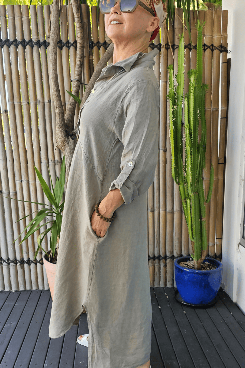 Vera May Italian Linen Button Through Dress.