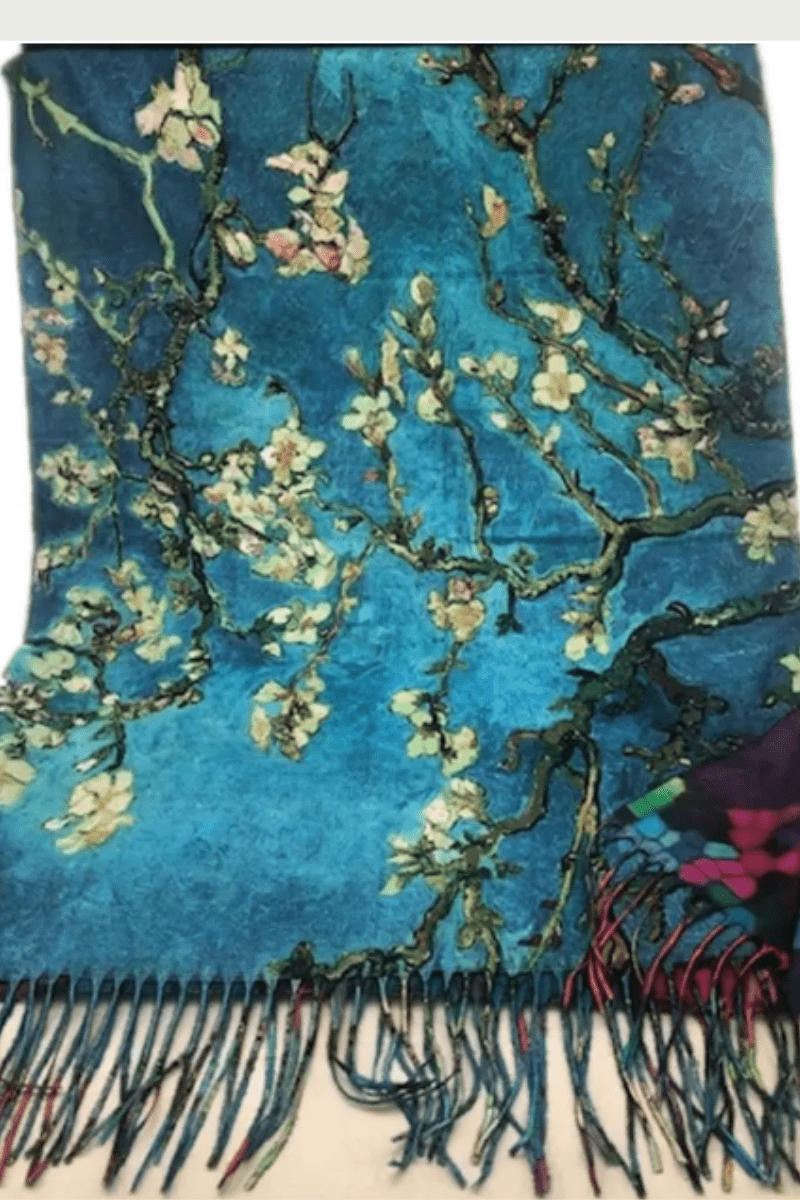 Cherry Blosum Aqua Reversible Fringe Geometric Scarf.