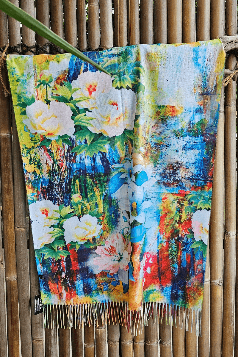 Frida Kahlo Cashmere Flowers In Hair Reversible Scarf.