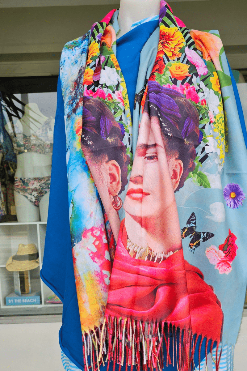 Frida Kahlo Cashmere Flowers In Hair Reversible Scarf.