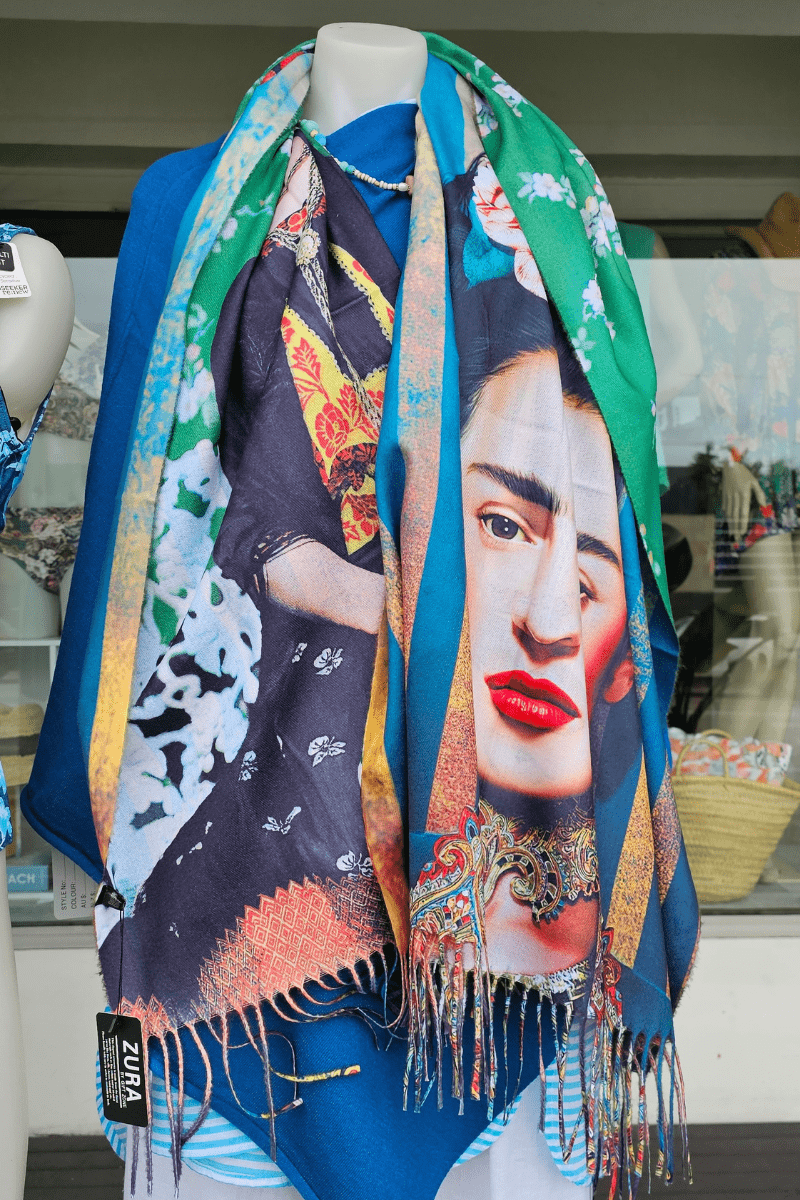 Frida Kahlo Cashmere Scarf with Roses in her hair.