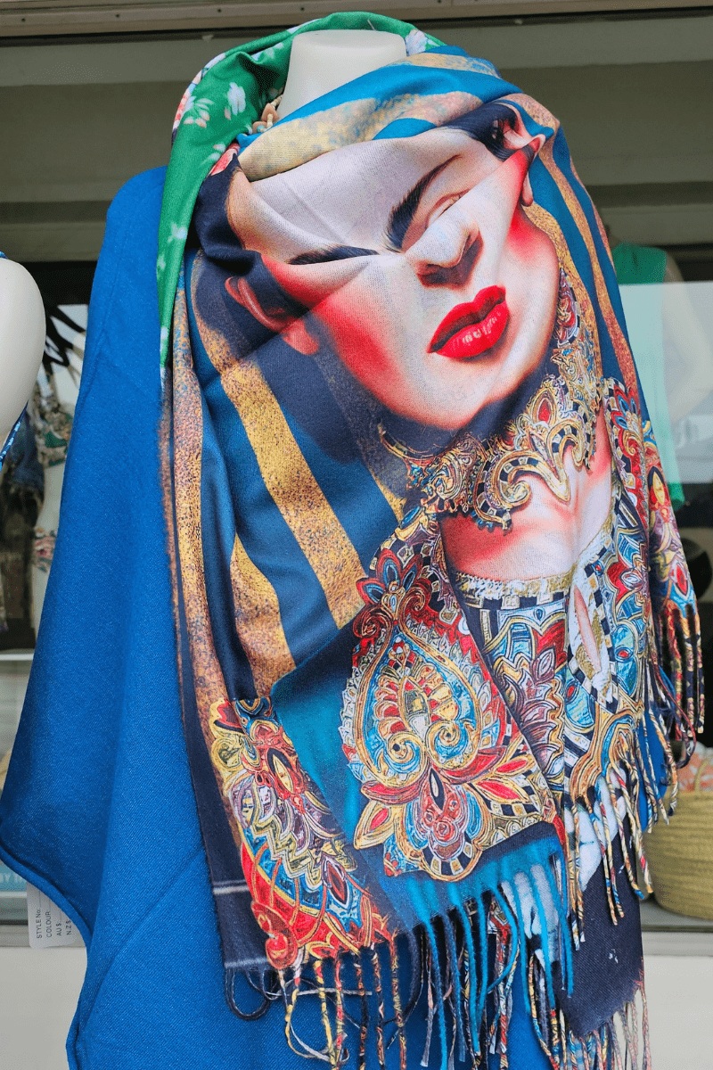 Frida Kahlo Cashmere Scarf with Roses in her hair.