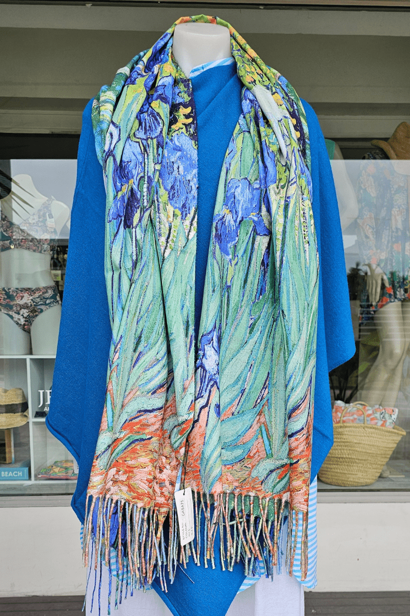 Monet Cashmere Purple Lillies Reversible Fringe Scarf.