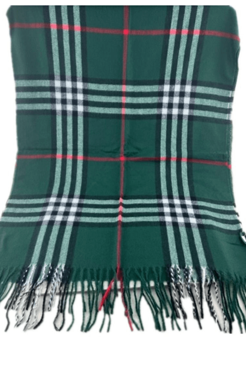 Burberry Look Plaid Bottle Green Wool Blend Scarf.