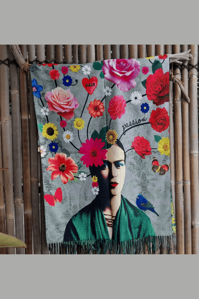 Zura Frida Kahlo Reversable Wool Scarf - Bright Floral - OZ RESORT