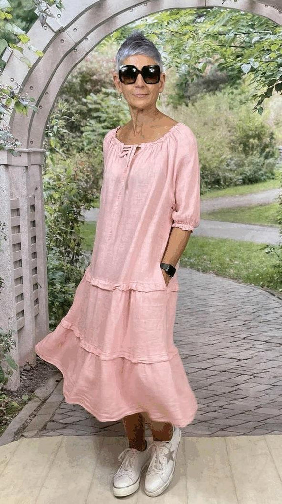 La Strada LSD21-996P Wide Neck Shoulder Linen Cotton Dress Rosa Pink - OZ RESORT
