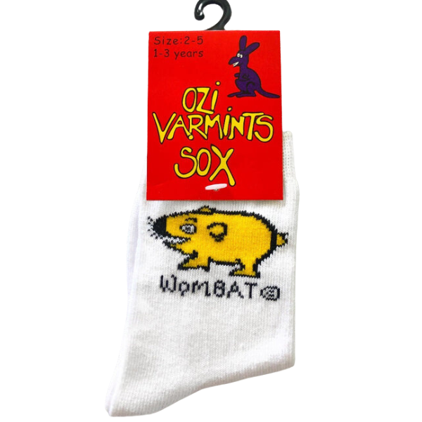 ozi varmints 2022 white socks  with a wombat design print