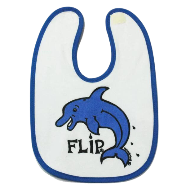 ozi varmints baby bib with white/blue colour and a dolphin design printed in the middle