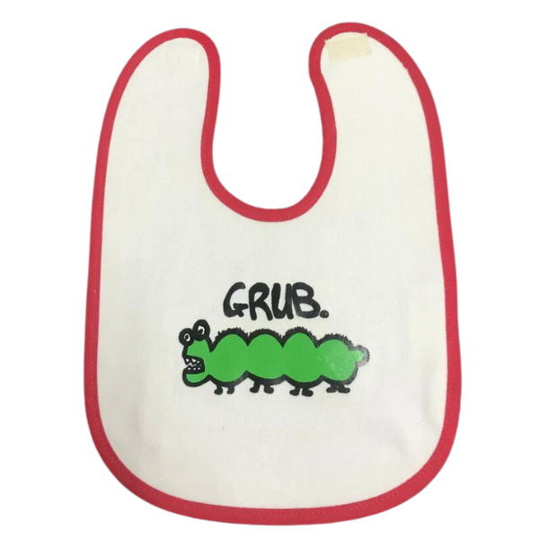 ozi varmints baby bib with white/red colour and a grub design printed in the middle