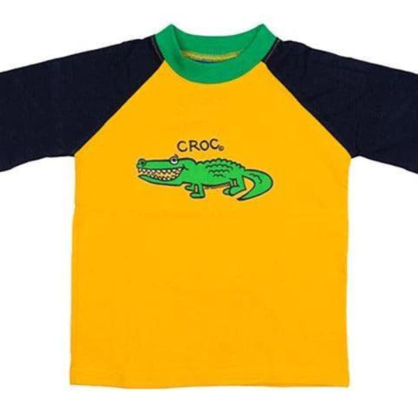 ozi varmints contrast 100% cotton t-shirt with sun/navy/emerald colour and a crocodile design printed in the middle of the shirt