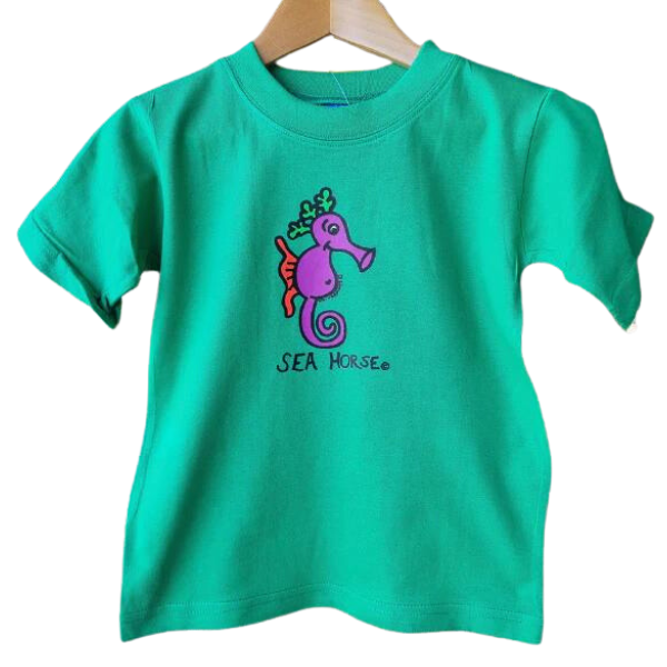 ozi varmints cotton solid t-shirt emerald colour and a seahorse design printed in the middle of the shirt
