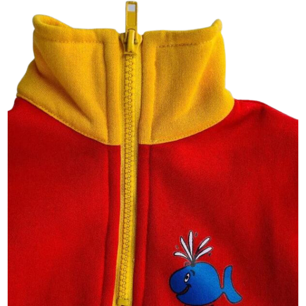 ozi varmints zip front fleece sweat shirt with red/yellow colour and a whale design print, closer collar view