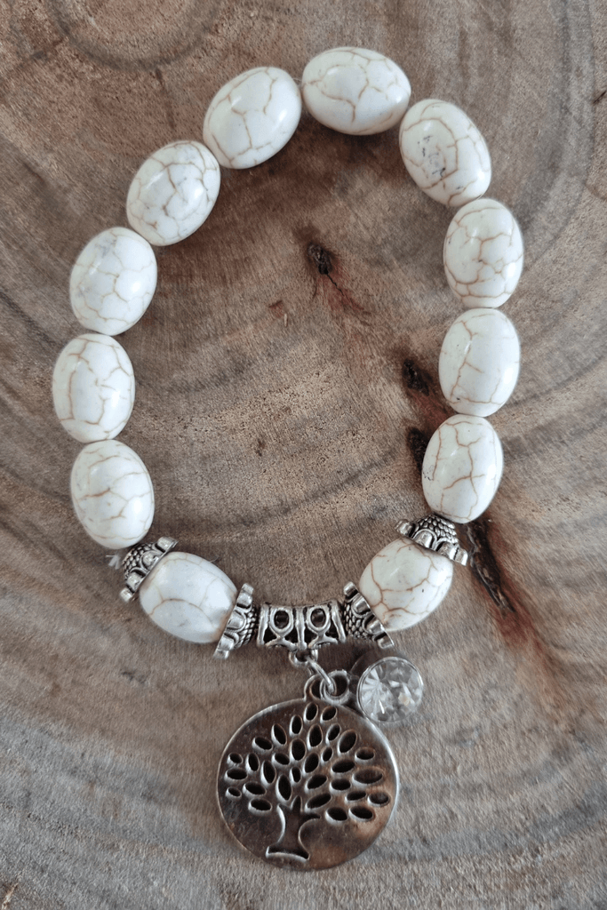 Tree of Life White Marble Silver Plated Beaded Bracelet - OZ RESORT