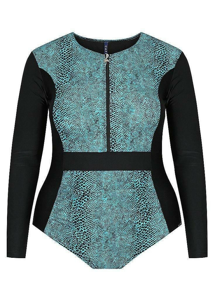 Capriosca CTS4850 Turquoise Snake Long Sleeve One Piece Sunsuit.