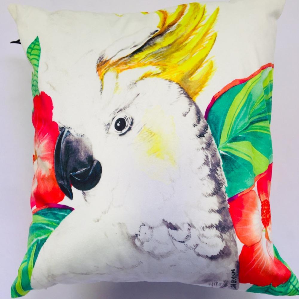 Cockatoo with Hibiscus Cushion Cover 45 x -45cm Soft Plush Double Printed Cushions Lisa Glynn 